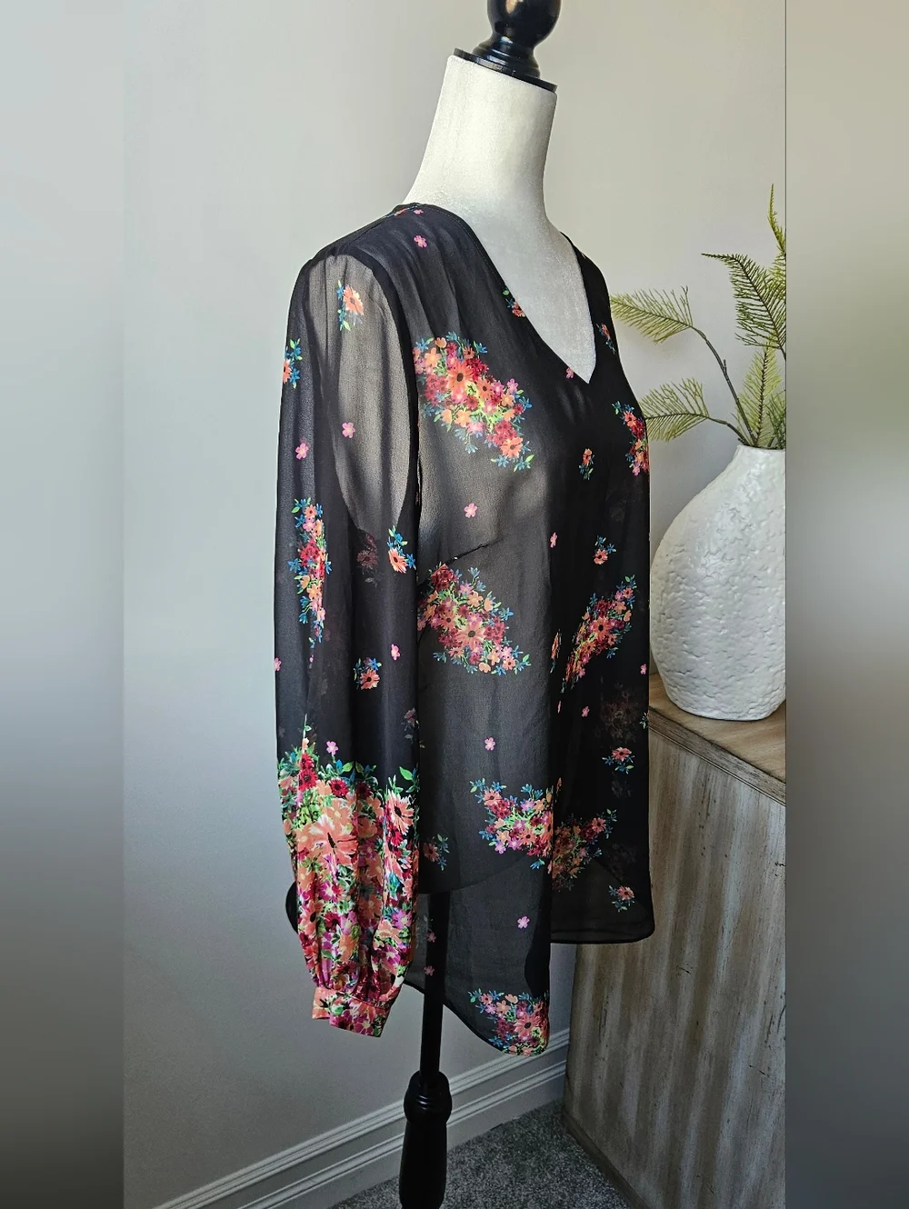 CAbi Black Sheer Floral Tie-Front Blouse - Picture 3 of 6